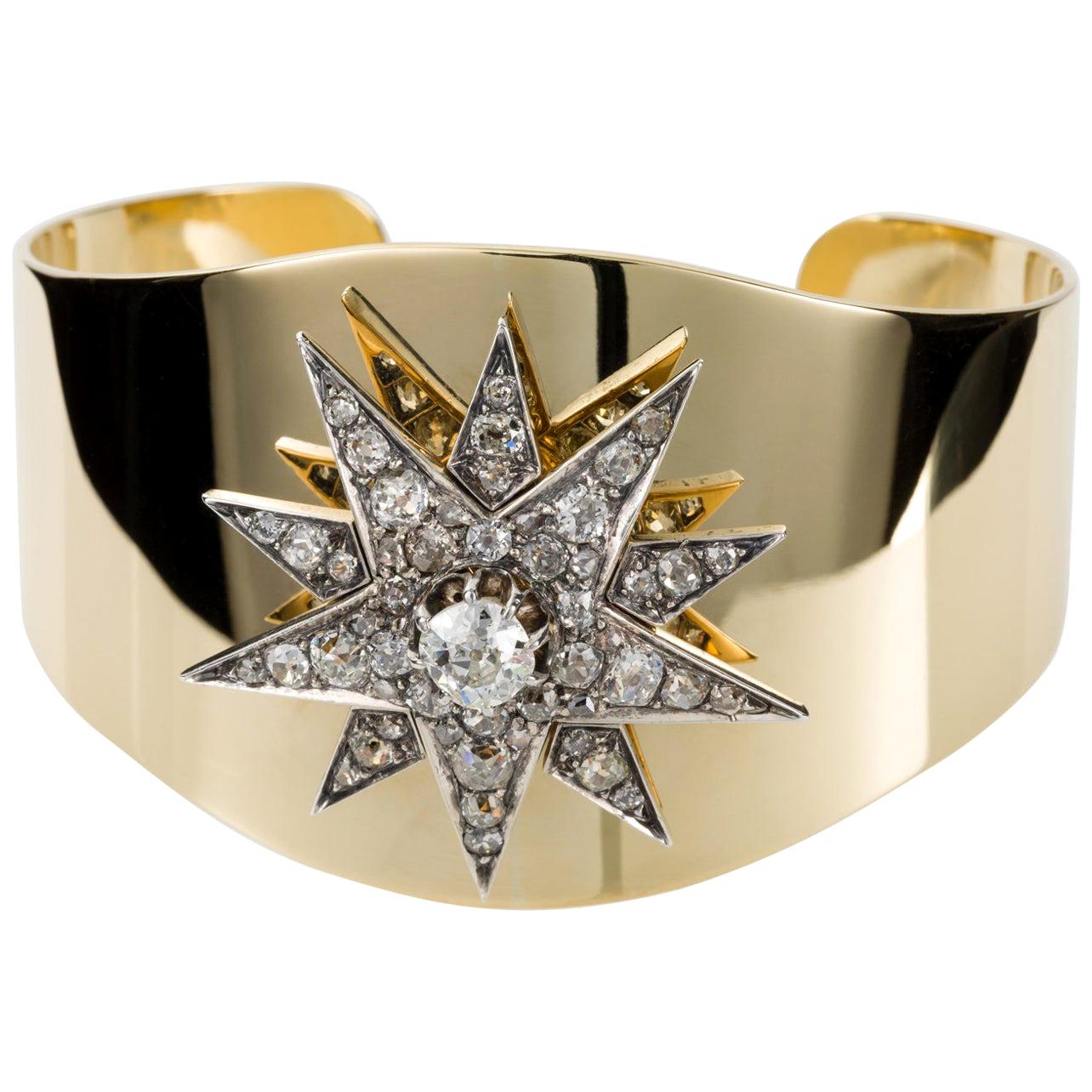 18 Karat Yellow Gold Cuff and 3.10 Carat Diamond Set Victorian Star Motif Cuff For Sale