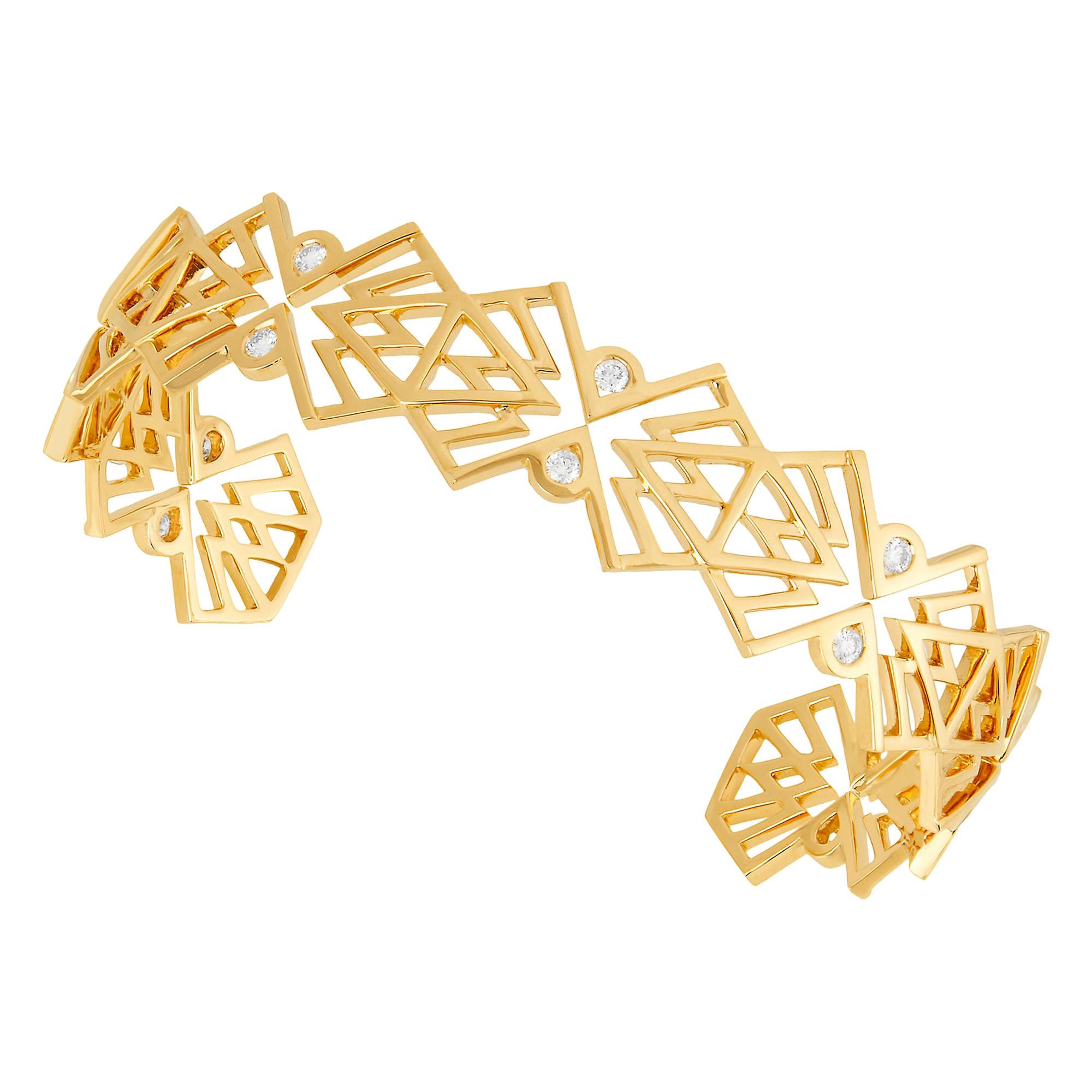 18 Karat Yellow Gold Cuff Bracelet with Diamonds For Sale