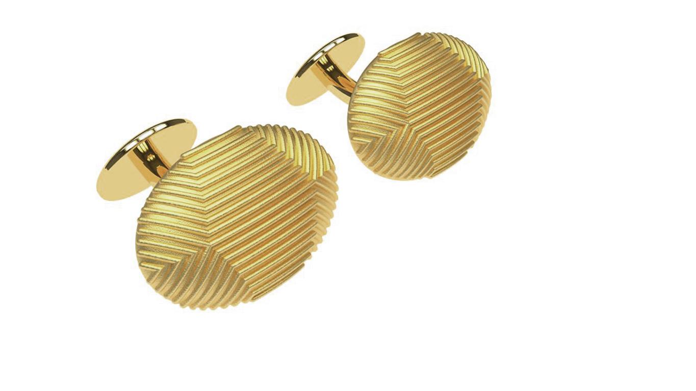 18 Karat Yellow Gold Y Lines Cuff links, CK-008, These are inspired from Op Art works. It is a form of abstract art and is closely connected to Kinetic and Constructivist movements. Using geometric designs gives the viewer the impression of
