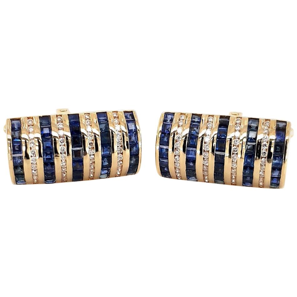 18kt Yellow Gold Cufflinks with Sapphires and Diamonds Stunning For Sale