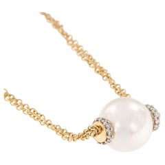 18 Karat Yellow Gold Cultured Pearl and Diamond Solitaire Necklace