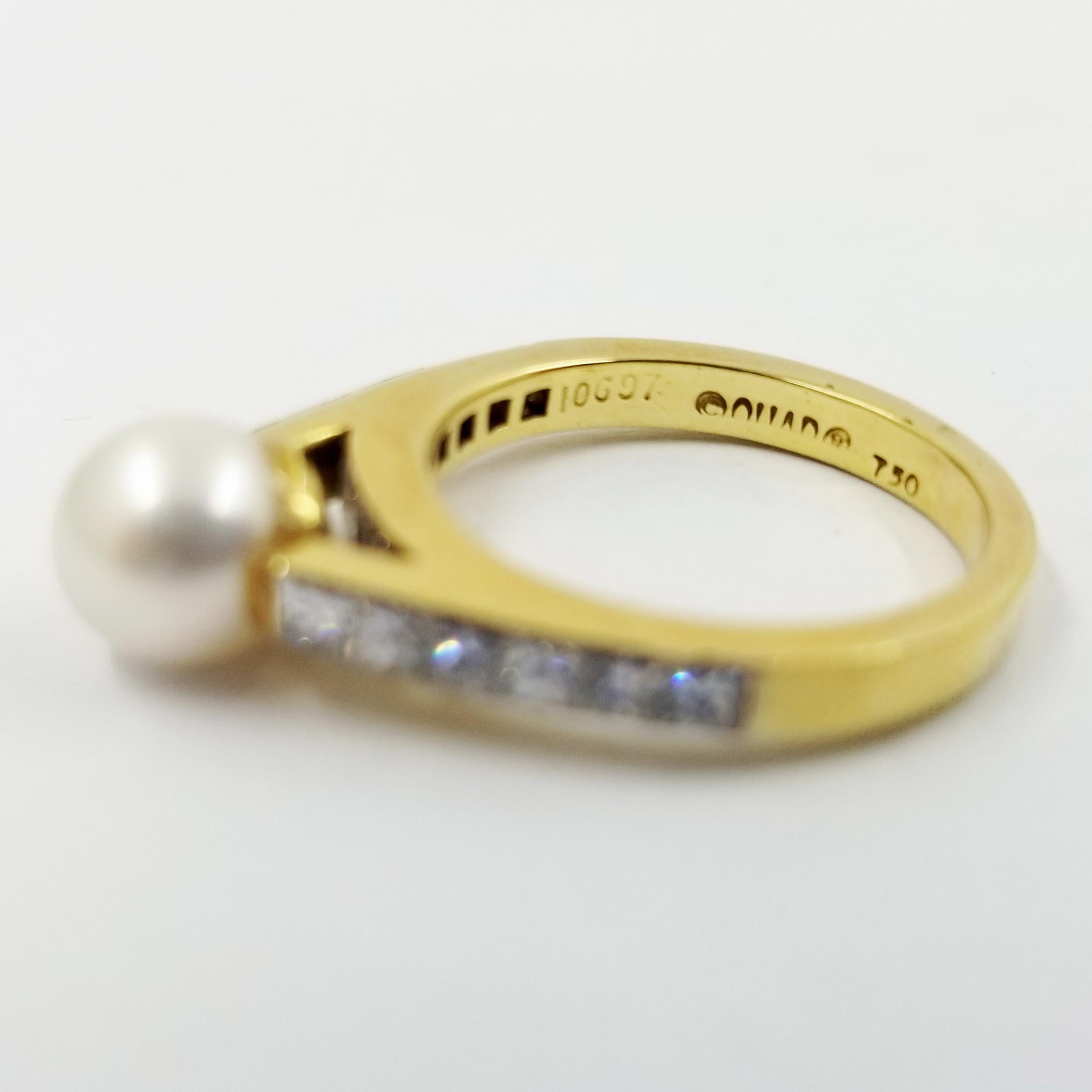 Princess Cut 18 Karat Yellow Gold Cultured Pearl Diamond Ring