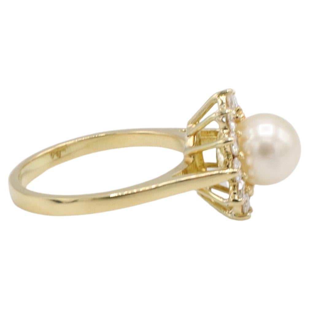 Modern 18 Karat Yellow Gold Cultured Pearl & Natural Diamond Halo Cocktail Ring For Sale