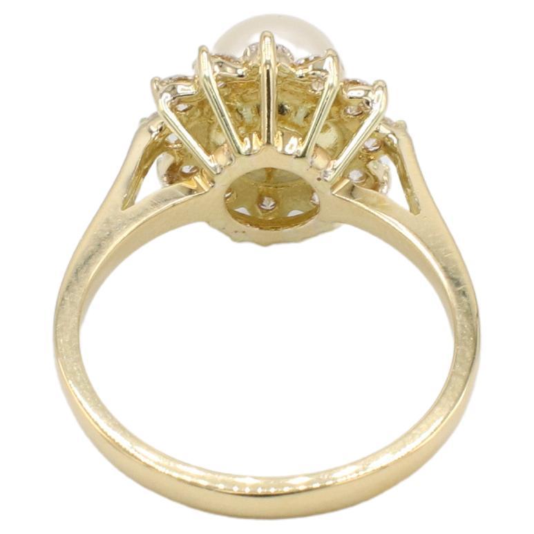 Round Cut 18 Karat Yellow Gold Cultured Pearl & Natural Diamond Halo Cocktail Ring For Sale