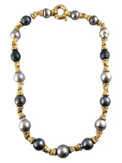 18 Karat Yellow Gold Cultured Tahitian Pearl Ornate Link Necklace #19033