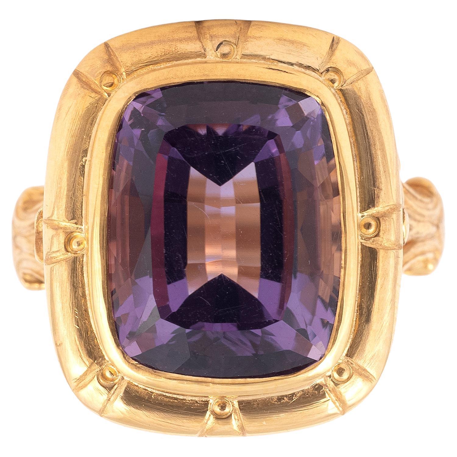 Women's or Men's 18 Karat Yellow Gold Cushion Cut Amethyst Bishop Ring