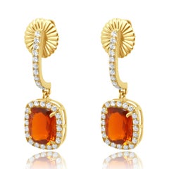 18 Karat Yellow Gold Cushion Cut Fire Opal and Round Diamond Halo Dangle Earring