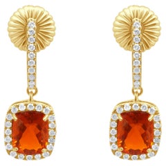 18 Karat Yellow Gold Cushion Cut Fire Opal and Round Diamond Halo Dangle Earring
