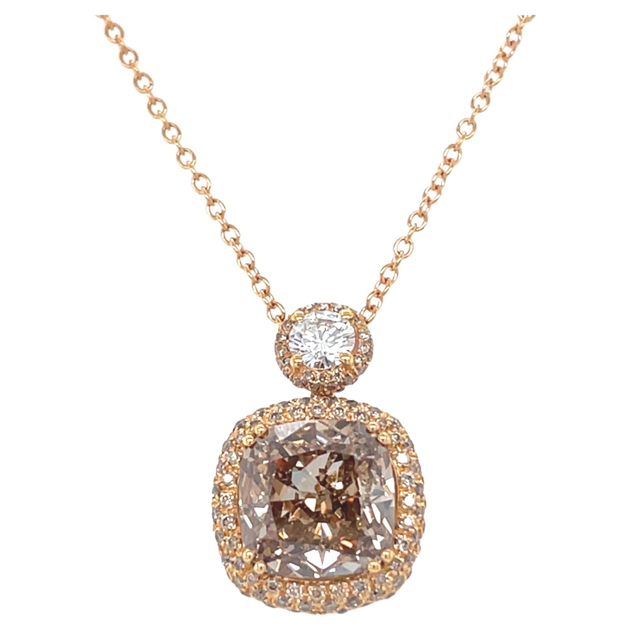 18 Karat Yellow Gold Cushion Round Diamond Pendant For Sale