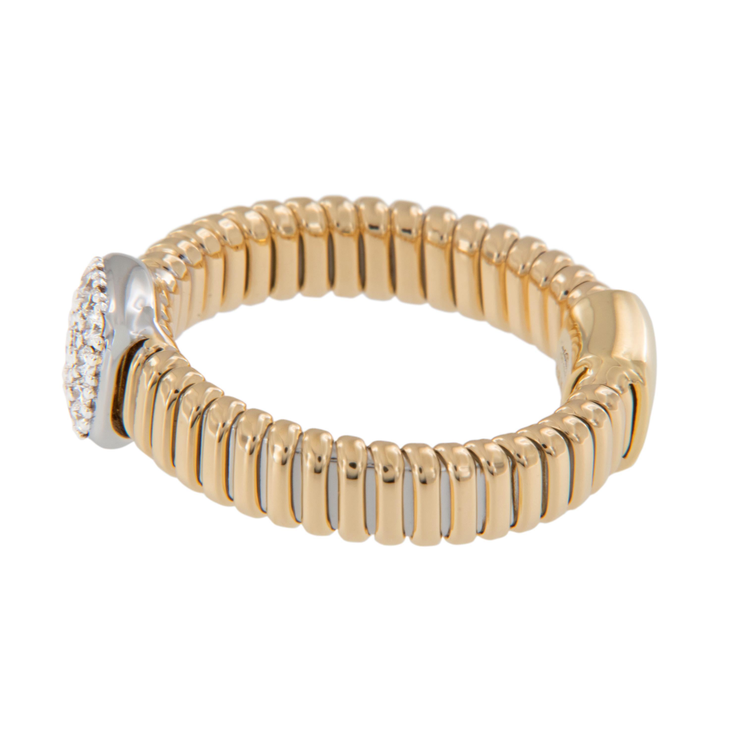 Regal in rich 18 karat yellow gold, this fun ring boasts 16 round diamonds = 0.18 Cttw pave' set in cushion shaped center! Diamonds are VS clarity and G/H color. Ring is uber comfortable with its flexible technology to fit your finger like a glove!