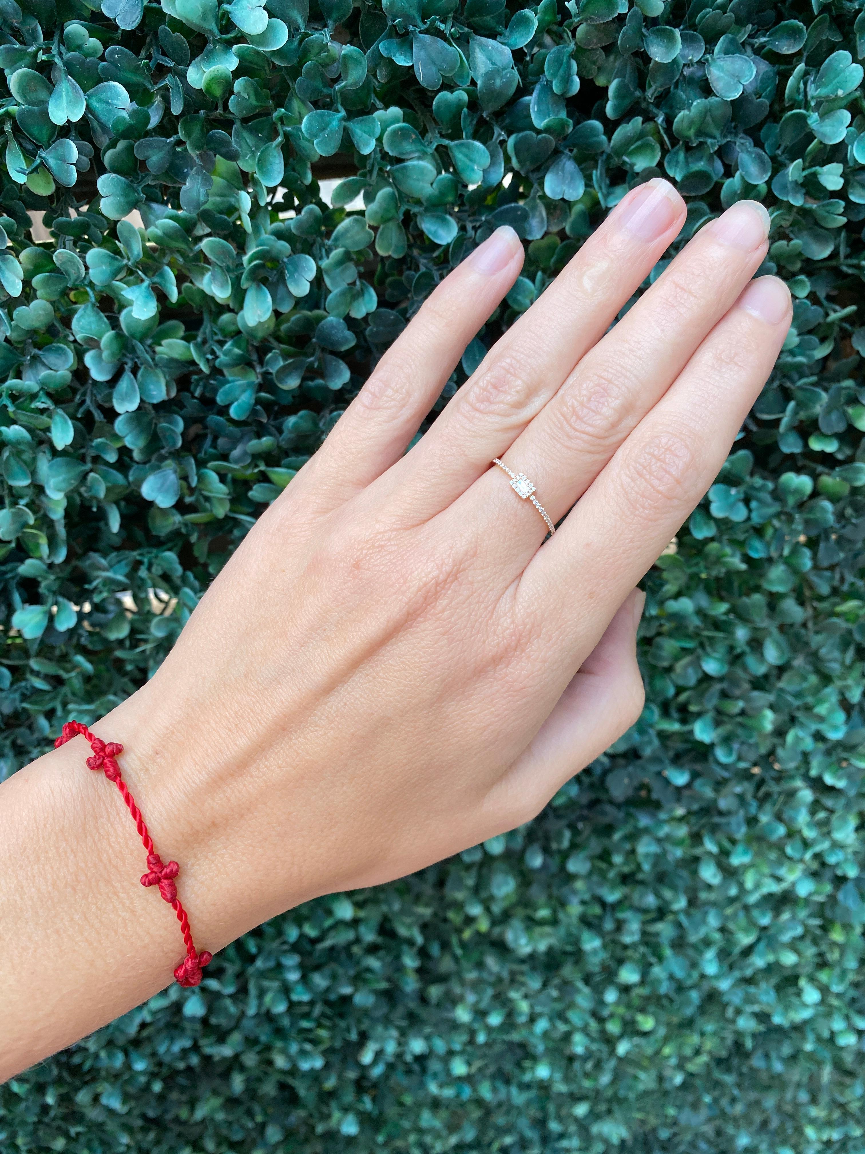 18 Karat Yellow Gold Dainty Halo Baguette Diamond Ring For Sale 6