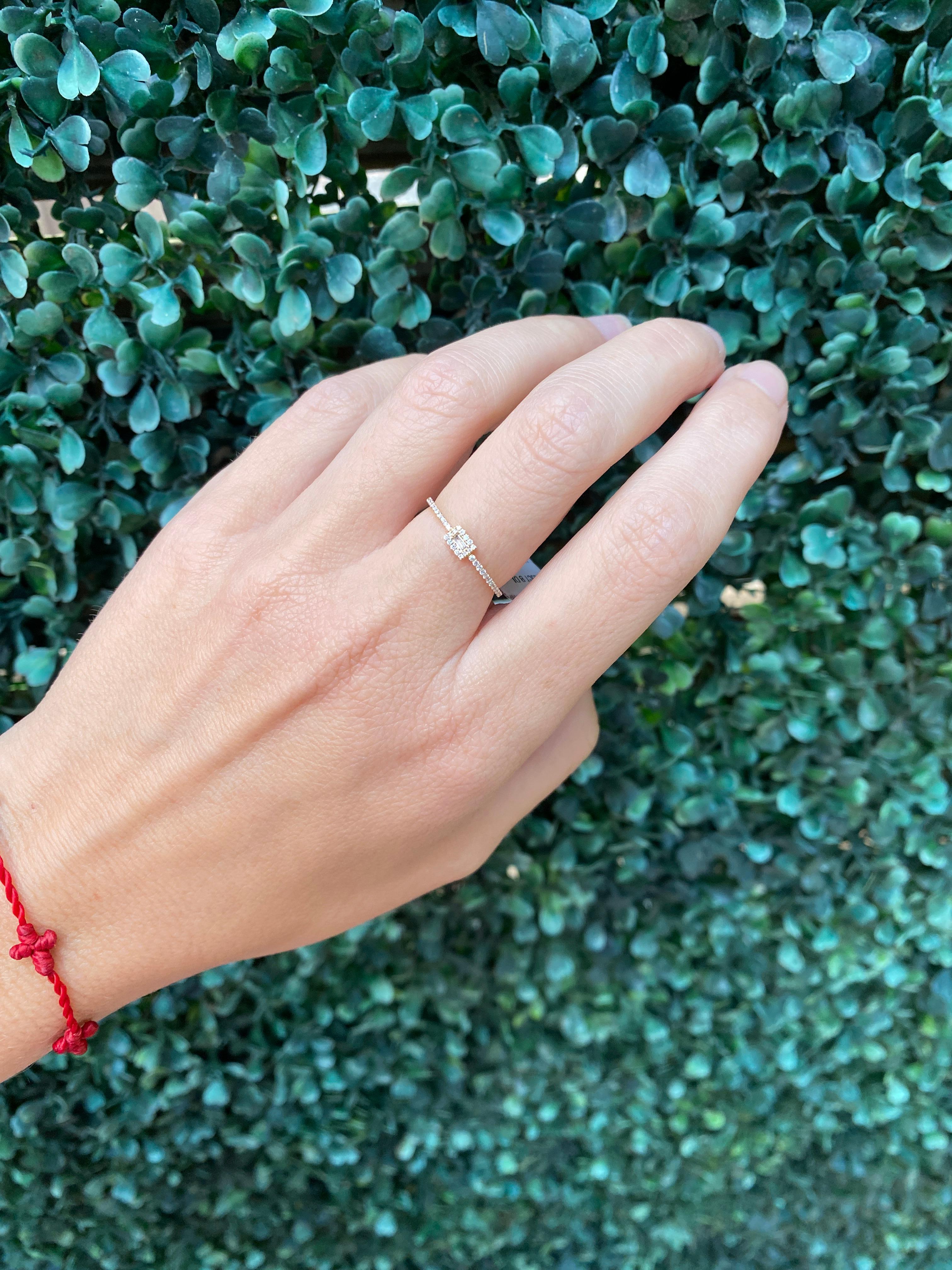 18 Karat Yellow Gold Dainty Halo Baguette Diamond Ring For Sale 7