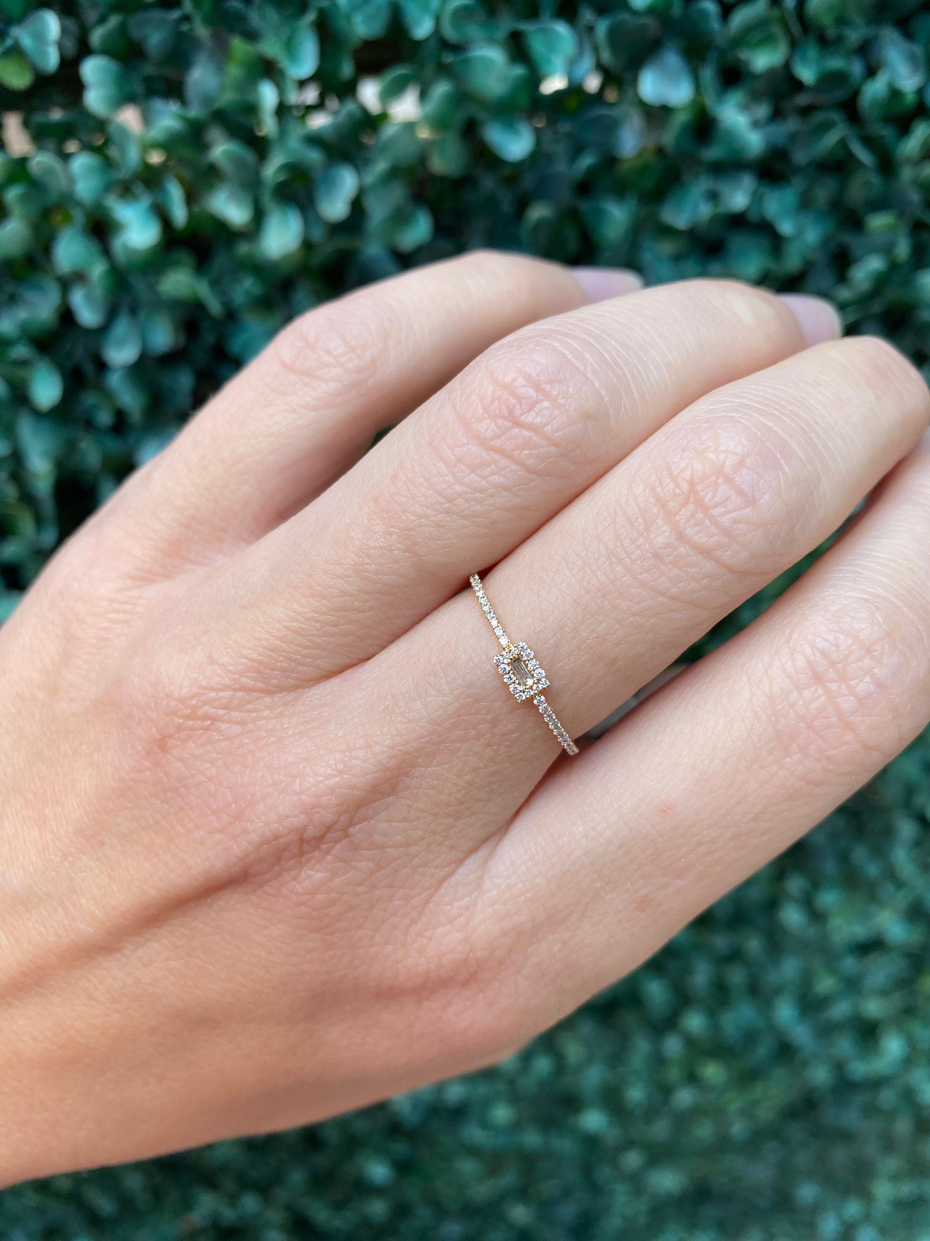 18 Karat Yellow Gold Dainty Halo Baguette Diamond Ring For Sale 8