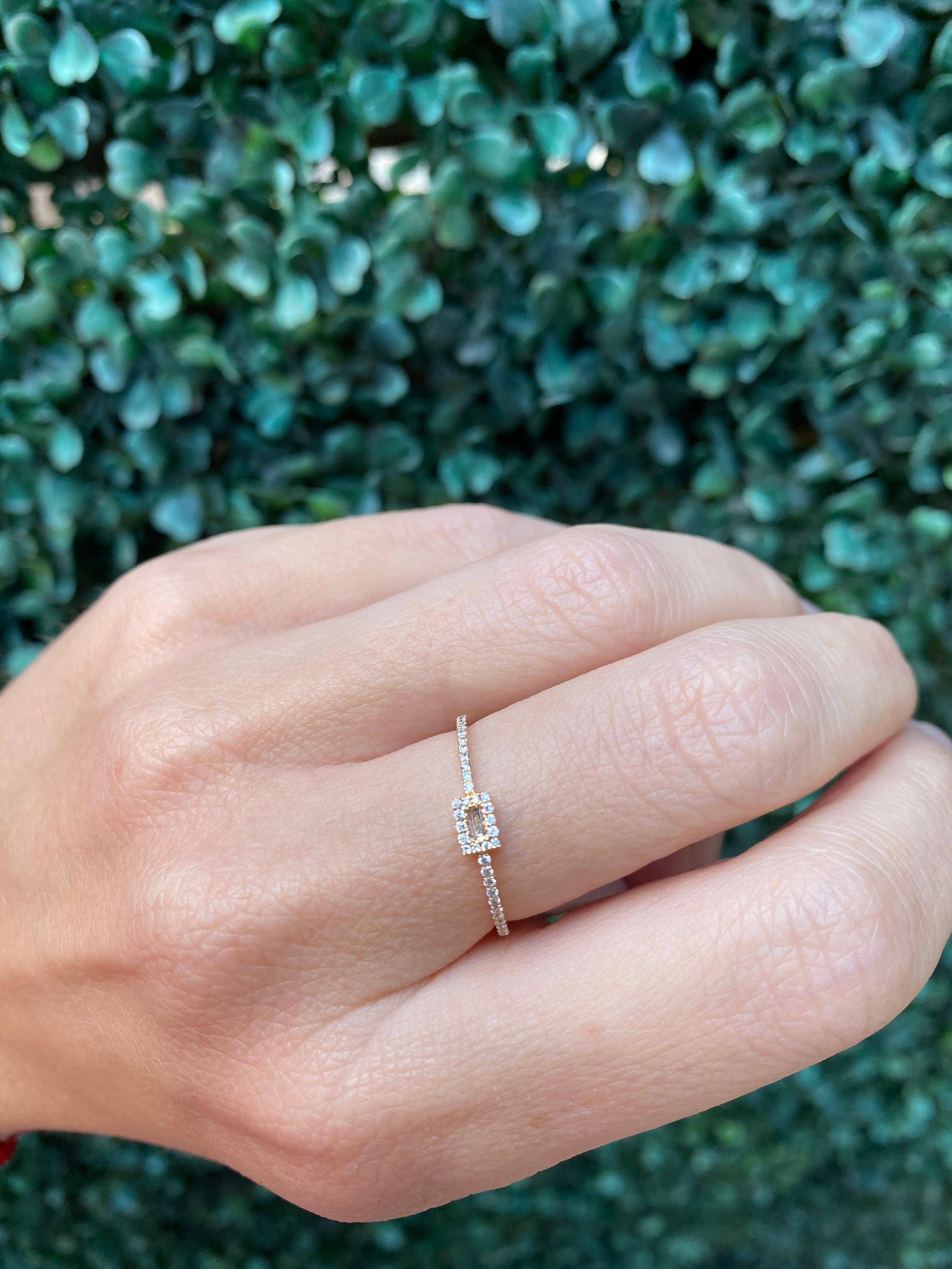 18 Karat Yellow Gold Dainty Halo Baguette Diamond Ring For Sale 2
