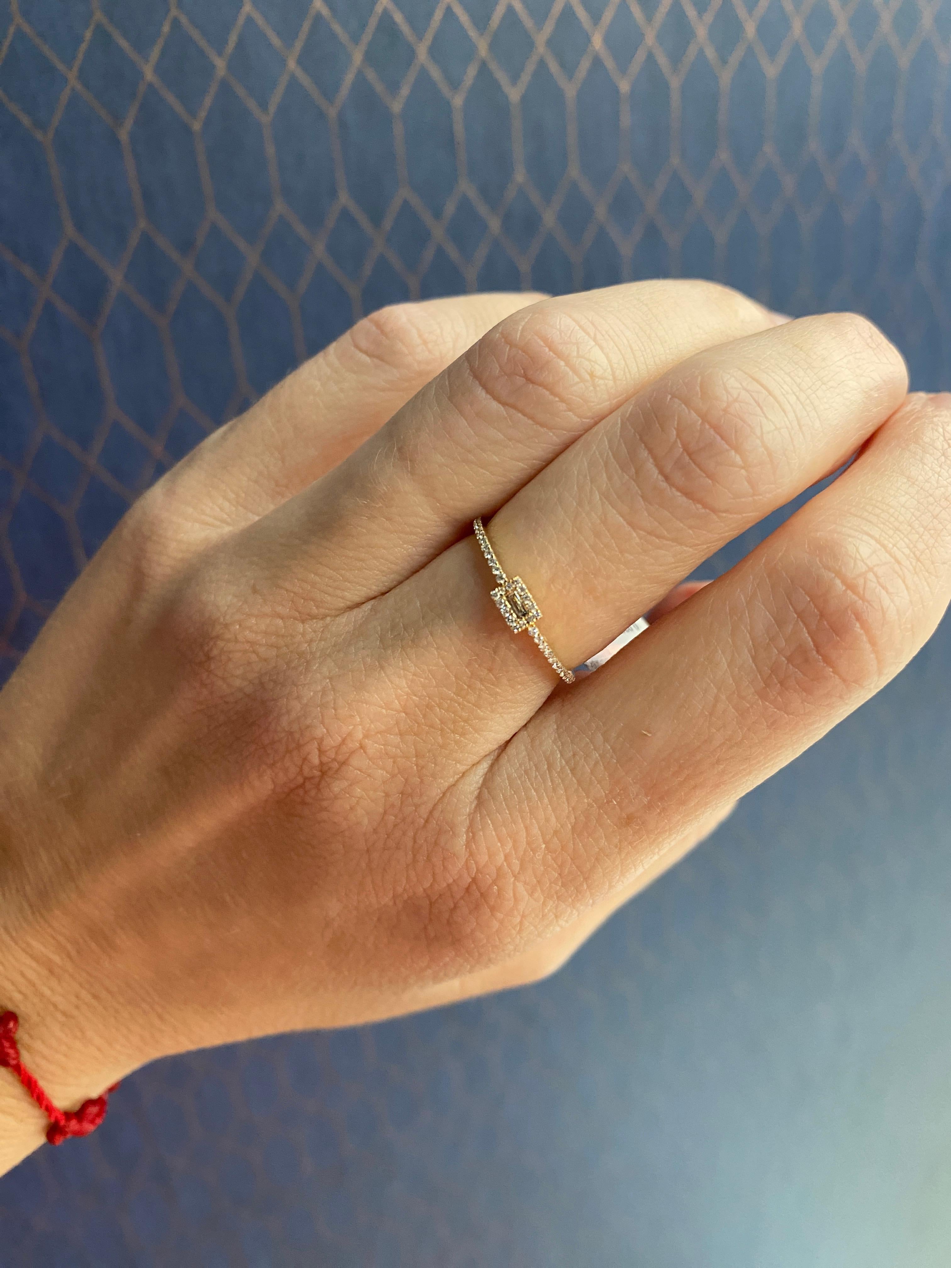 18 Karat Yellow Gold Dainty Halo Baguette Diamond Ring For Sale 3