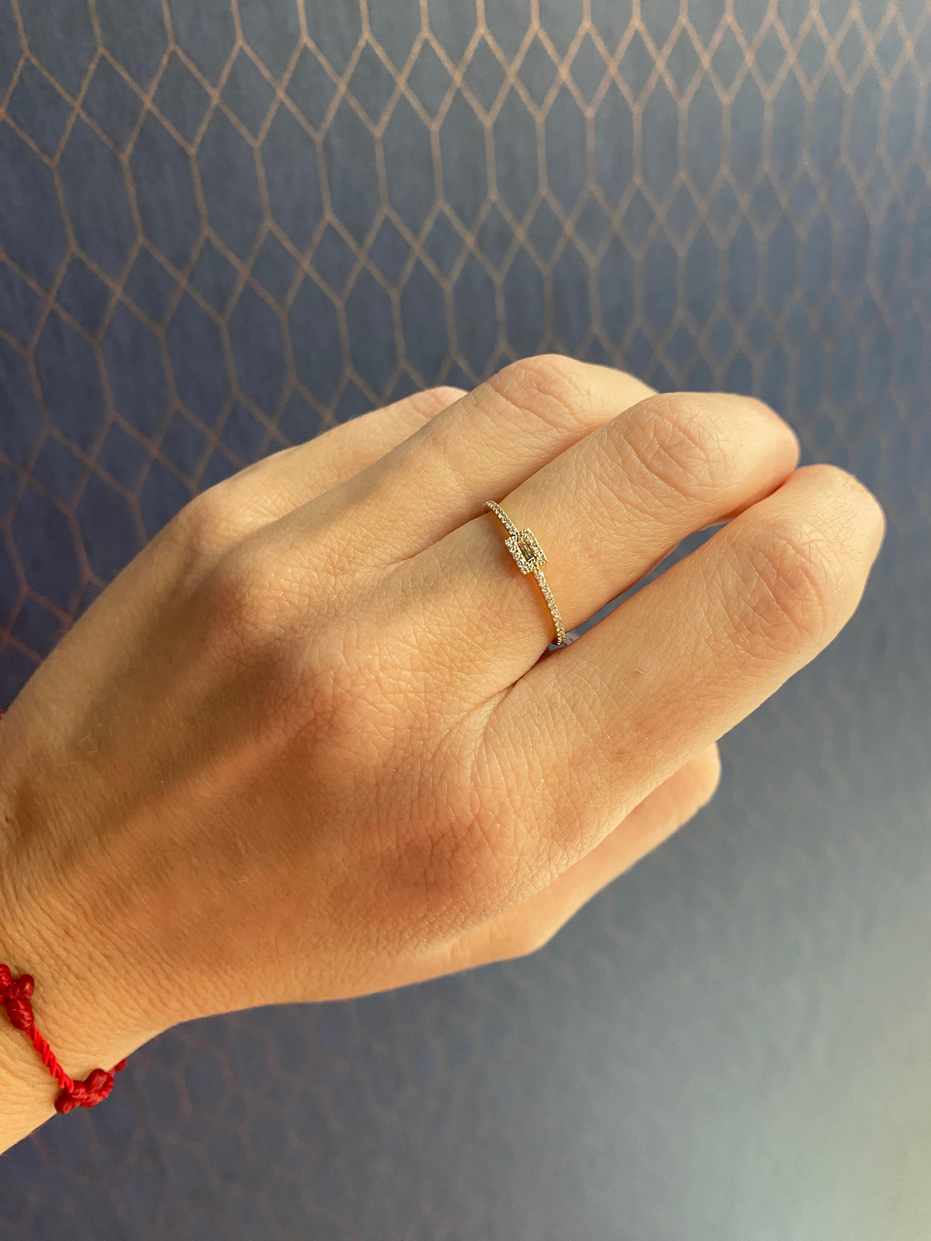 18 Karat Yellow Gold Dainty Halo Baguette Diamond Ring For Sale 4