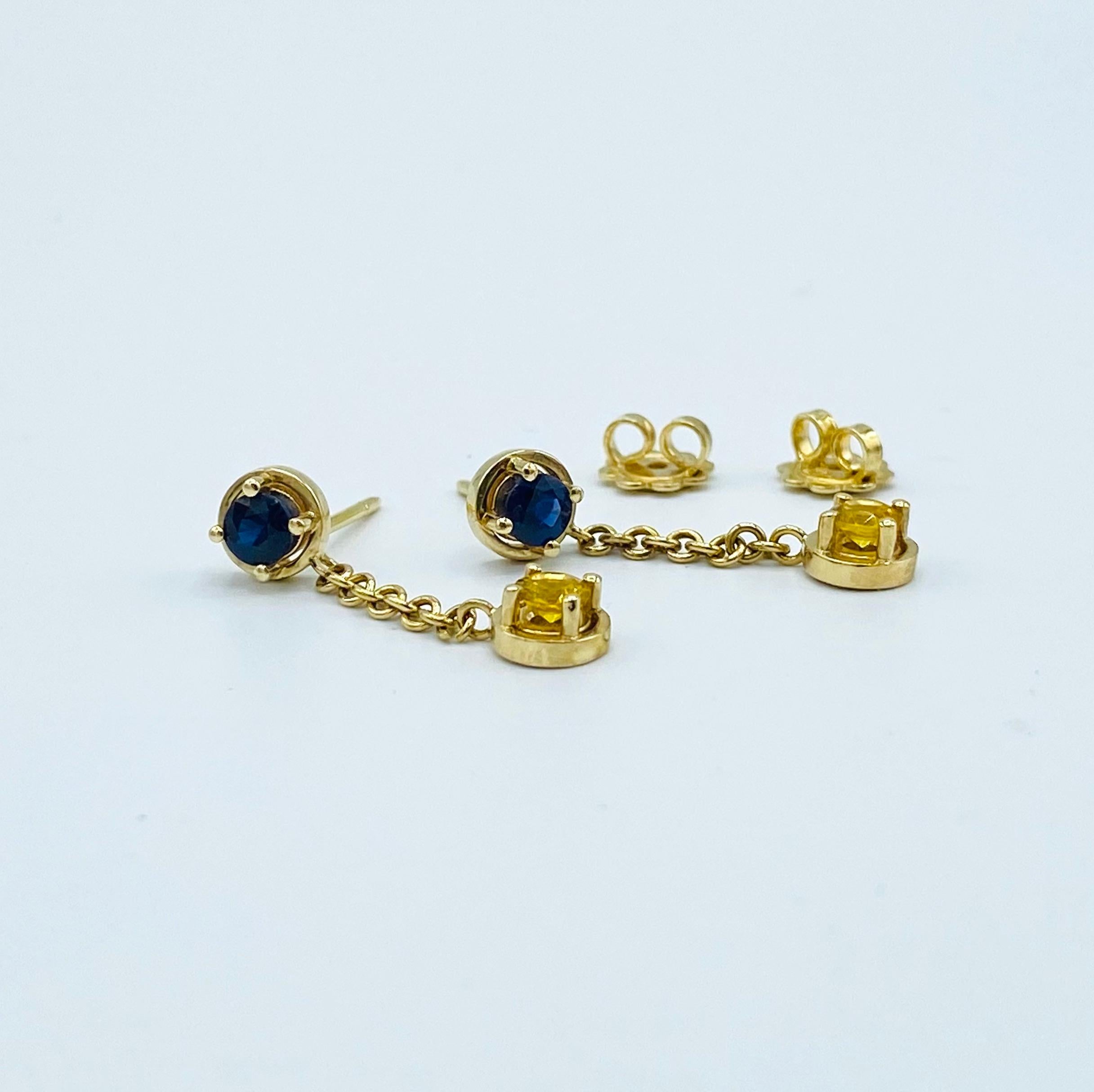Artisan 18 Karat Yellow Gold Dangle Earrings Italian Blue Yellow Sapphire 
