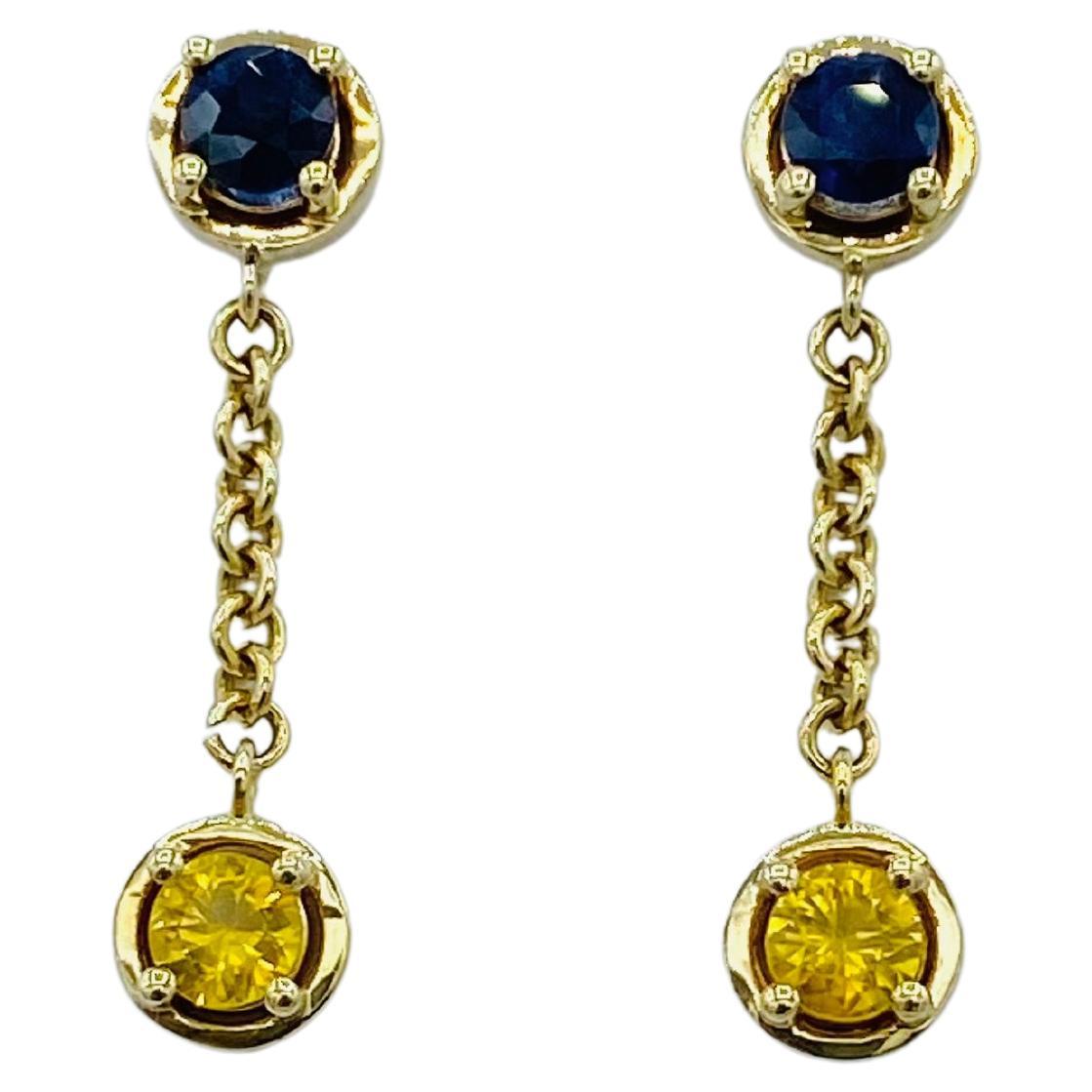 18 Karat Yellow Gold Dangle Earrings Italian Blue Yellow Sapphire 