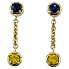 18 Karat Yellow Gold Dangle Earrings Italian Blue Yellow Sapphire 