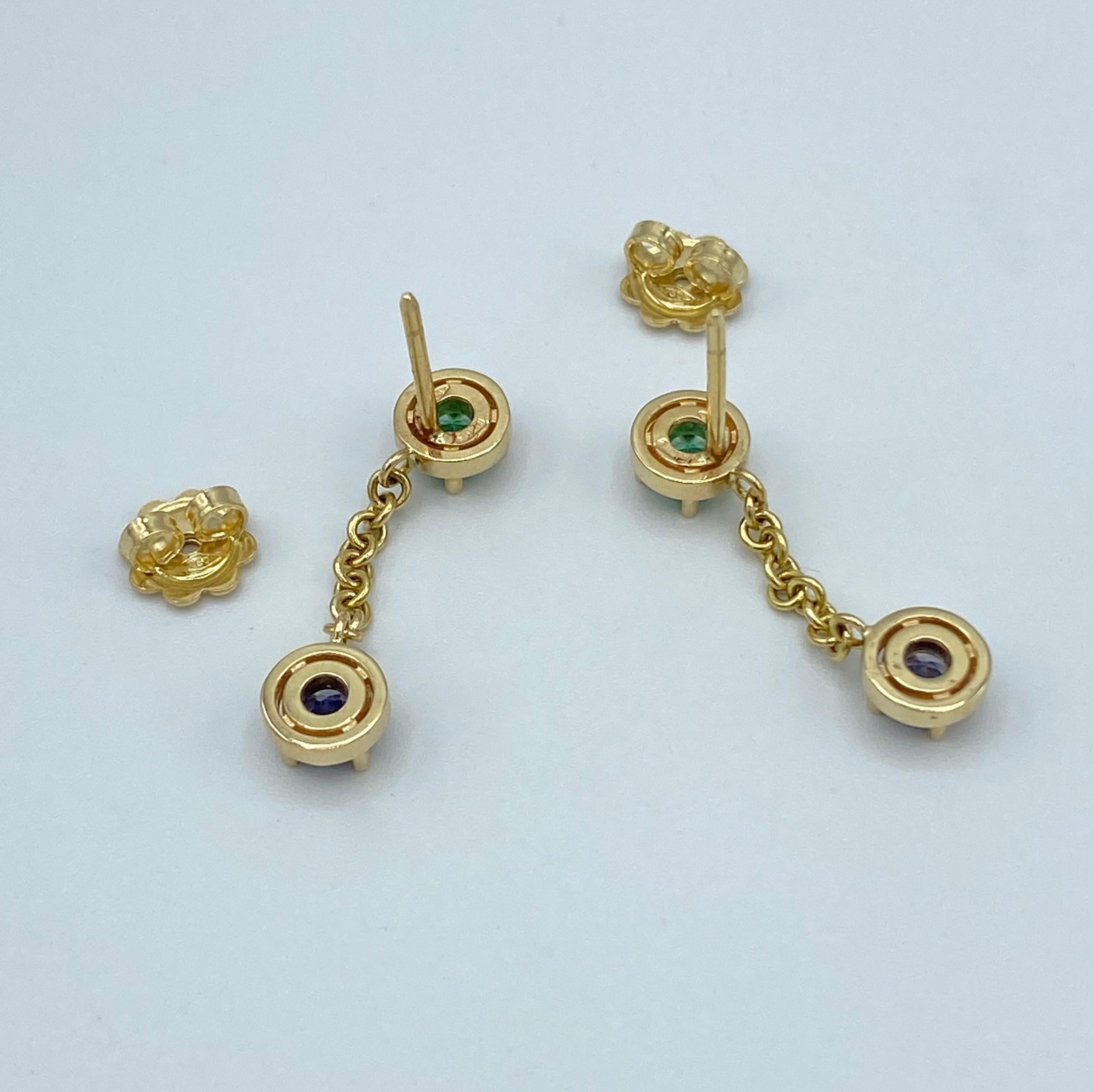 Artisan 18 Karat Yellow Gold Dangle Earrings Italian Emerald Iolite