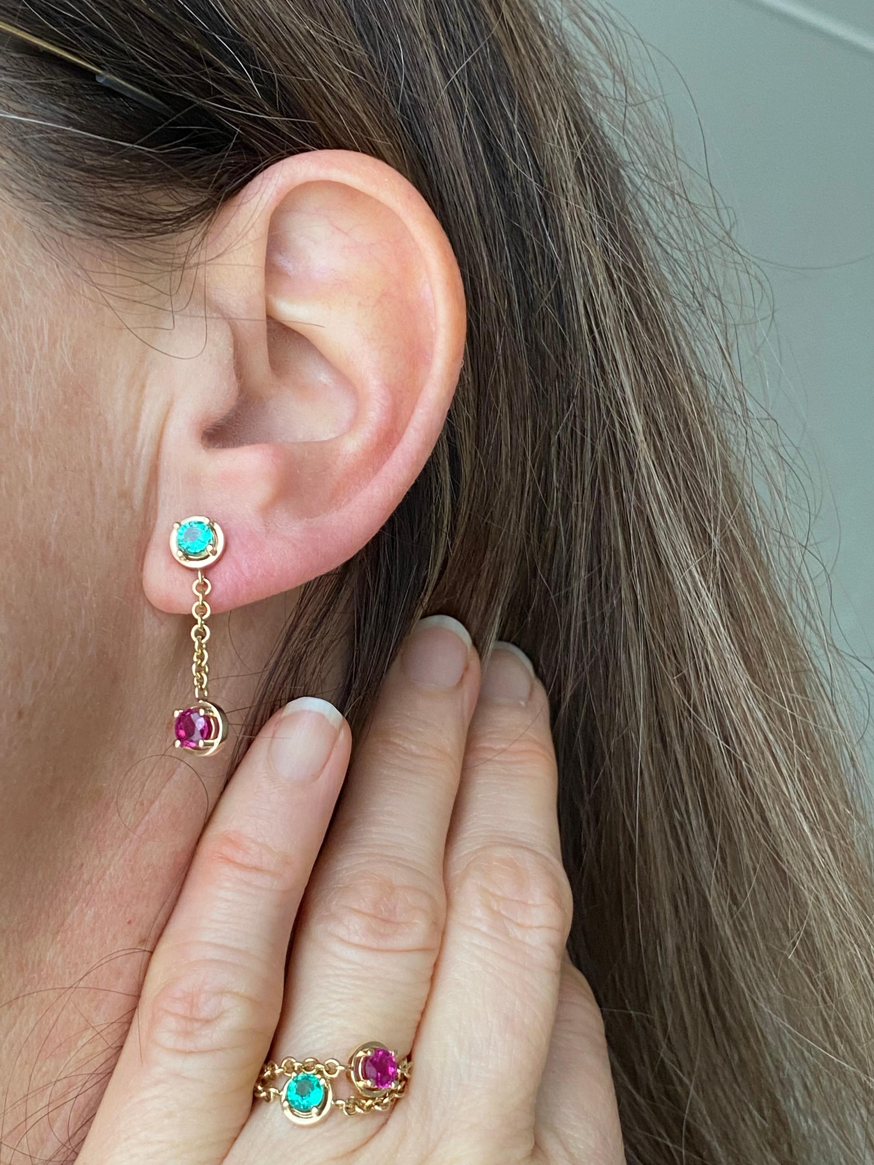 Artisan 18 Karat Yellow Gold Dangle Earrings Italian Emerald Ruby