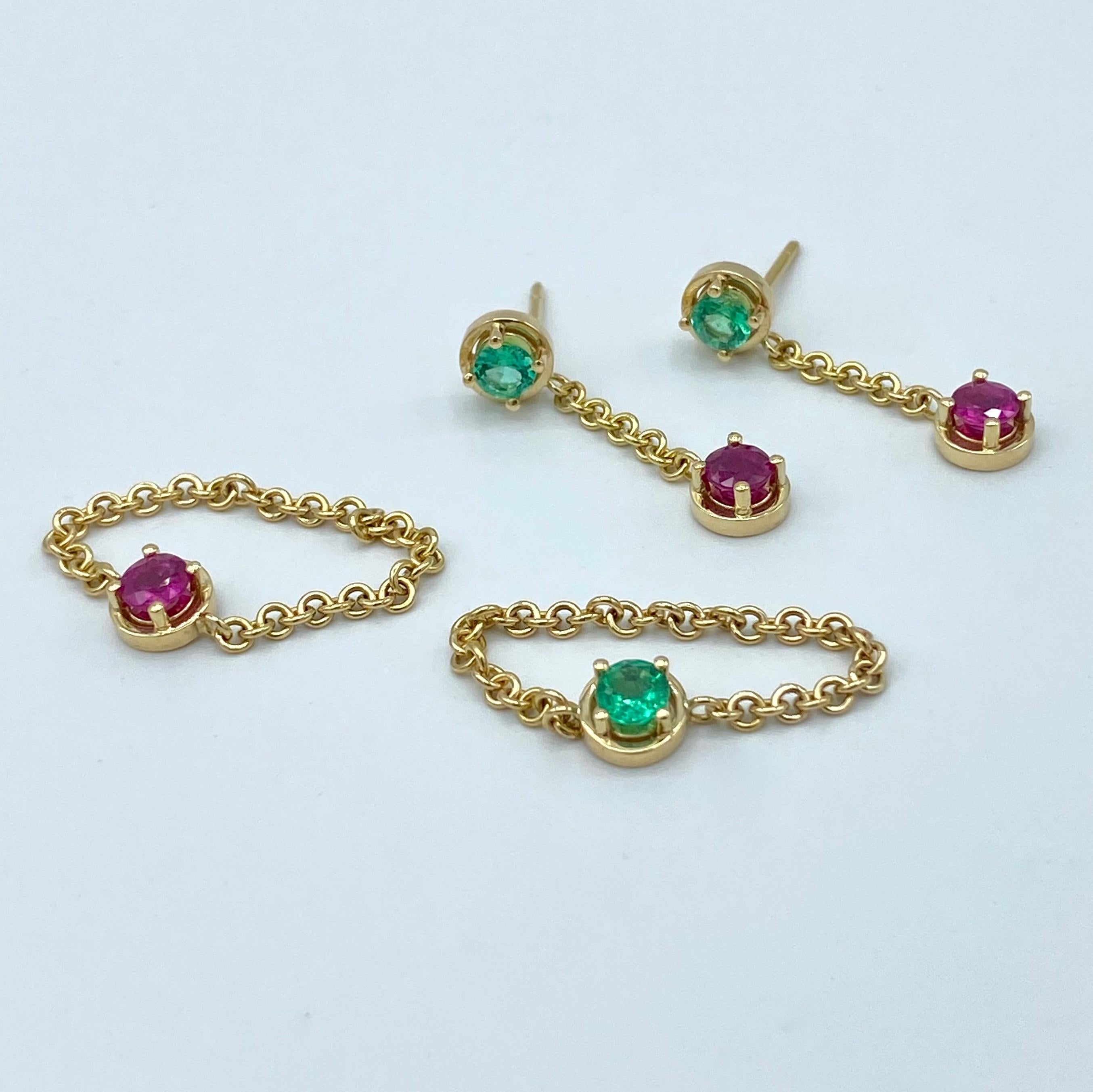 Round Cut 18 Karat Yellow Gold Dangle Earrings Italian Emerald Ruby