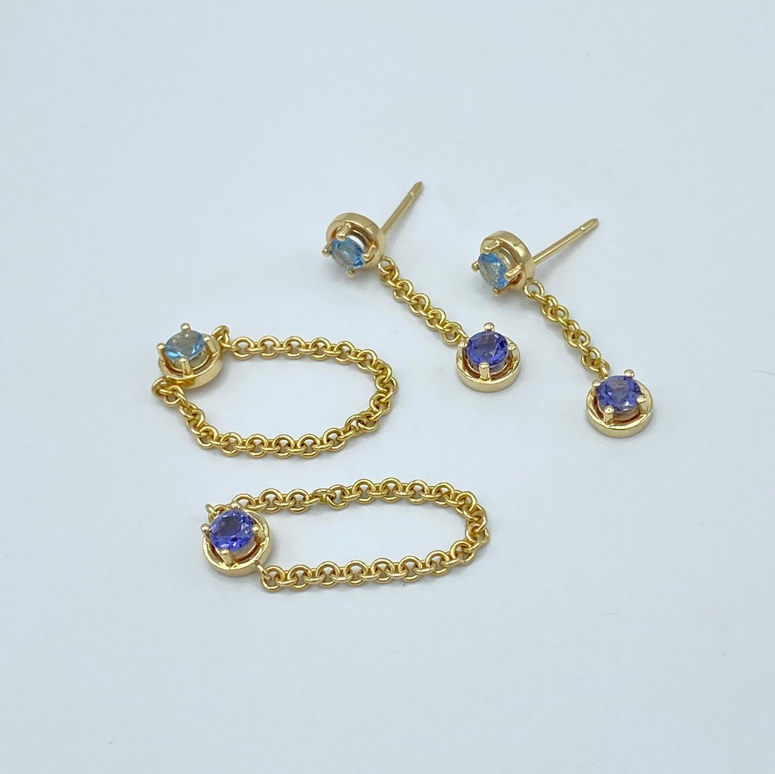 Artisan 18 Karat Yellow Gold Dangle Earrings Italian Iolite Aquamarine