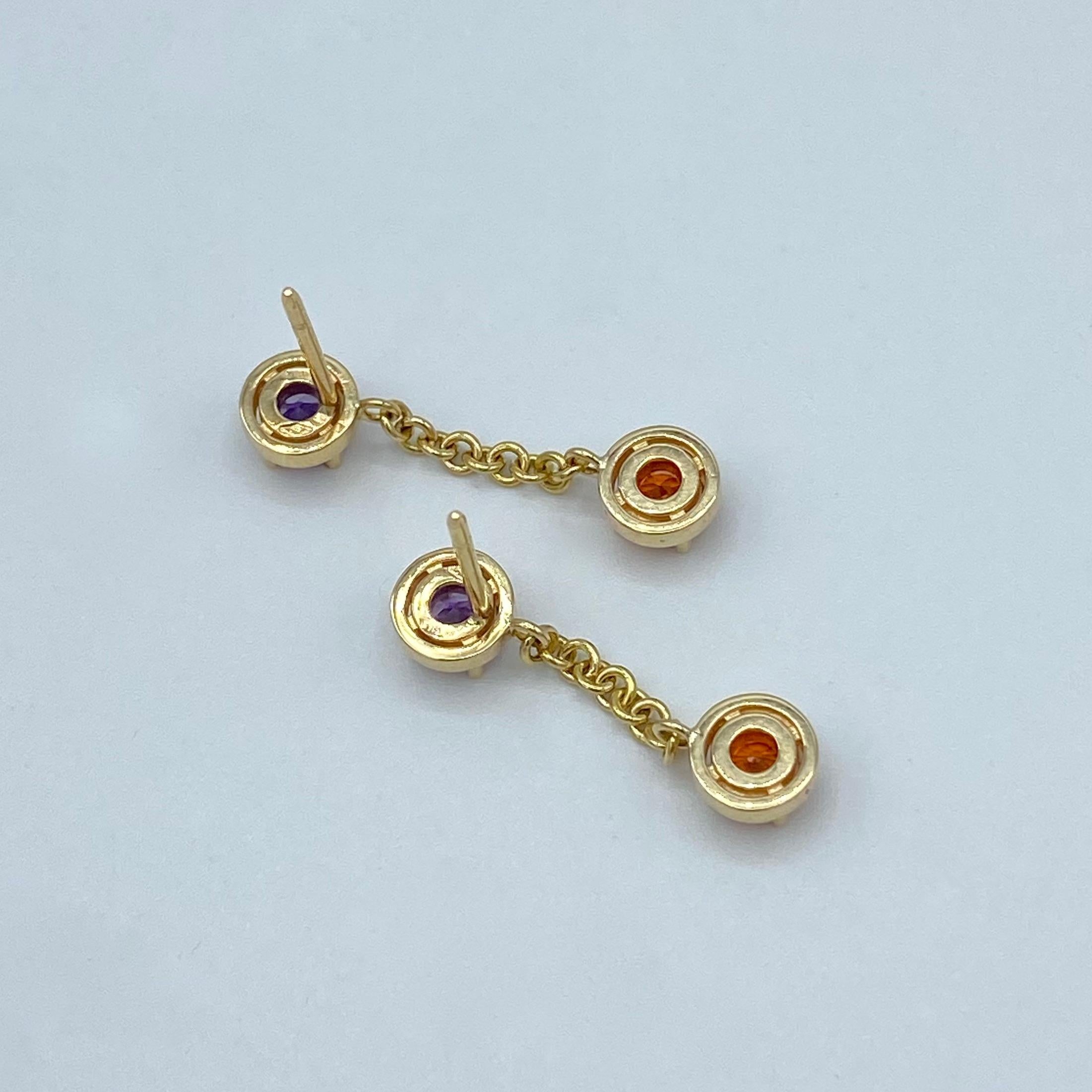Round Cut 18 Karat Yellow Gold Dangle Earrings Italian Orange Sapphire Amethyst