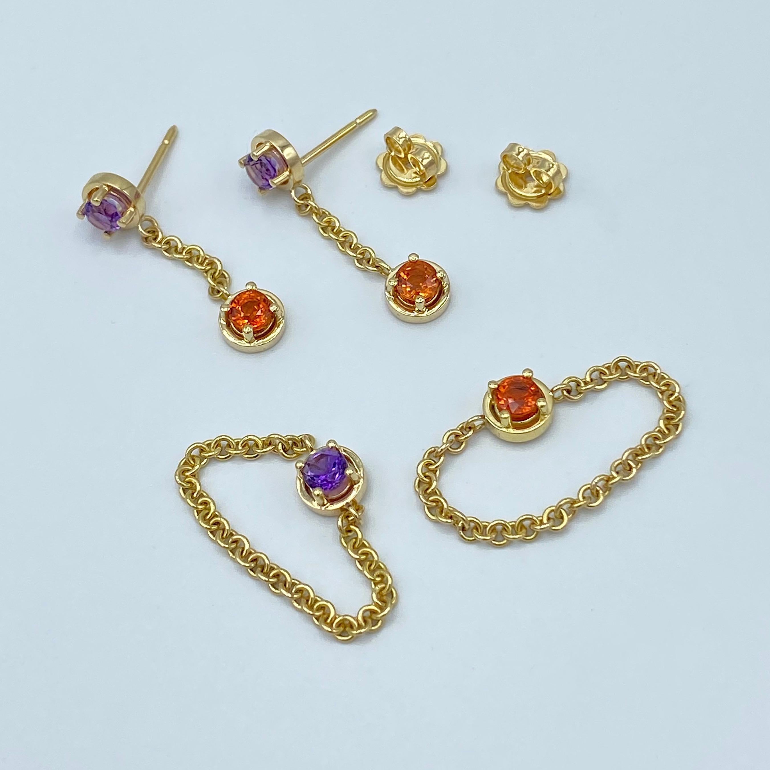 18 Karat Yellow Gold Dangle Earrings Italian Orange Sapphire Amethyst In New Condition In Bussolengo, Verona