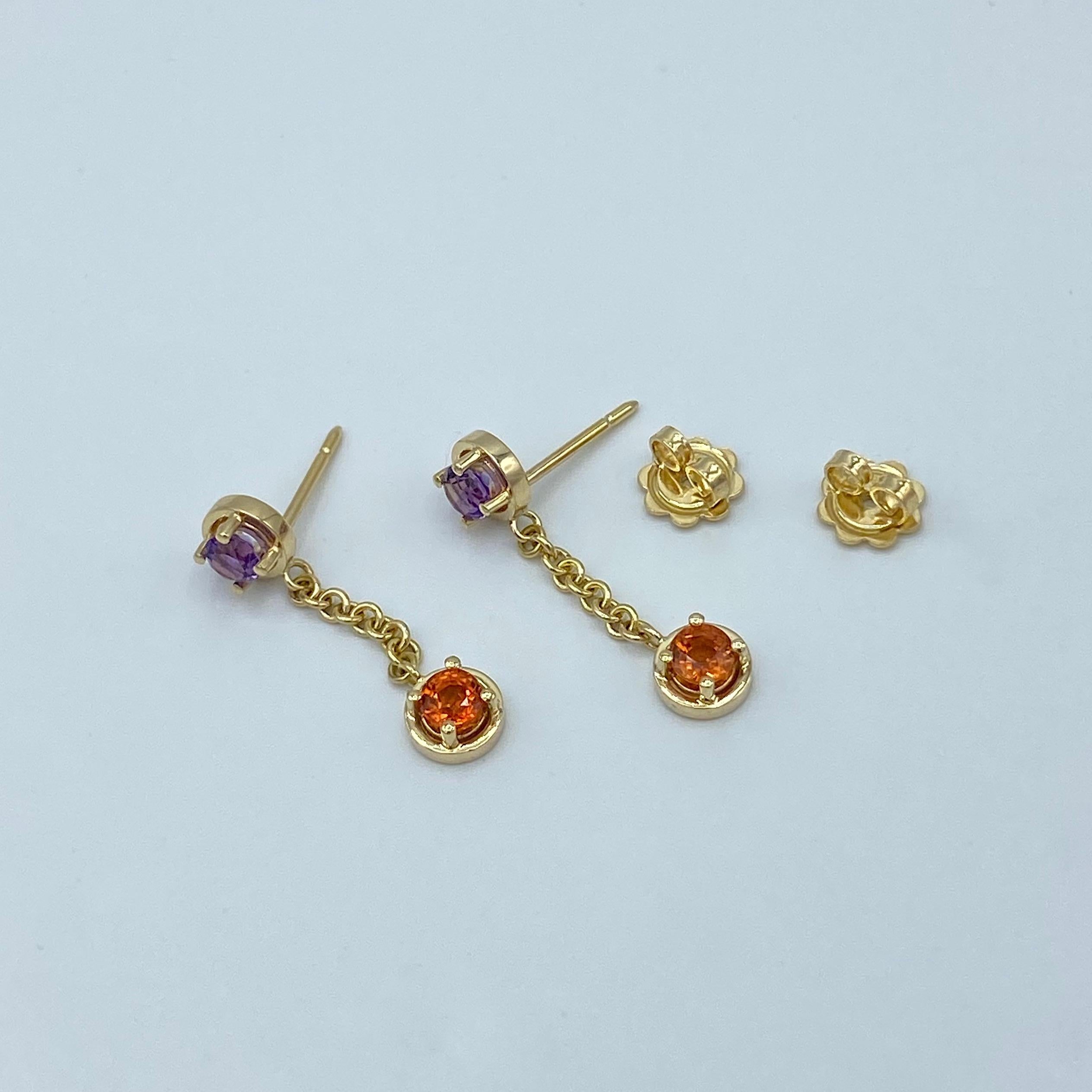 Women's 18 Karat Yellow Gold Dangle Earrings Italian Orange Sapphire Amethyst