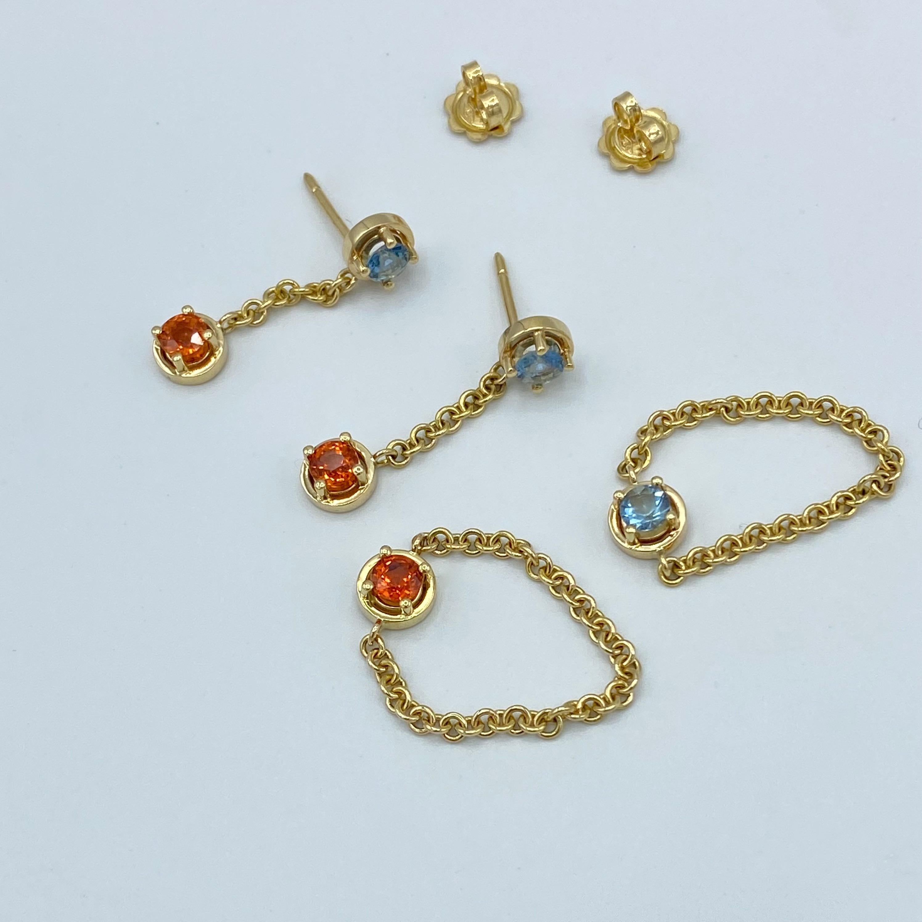 Round Cut 18 Karat Yellow Gold Dangle Earrings Italian Orange Sapphire Aquamarine