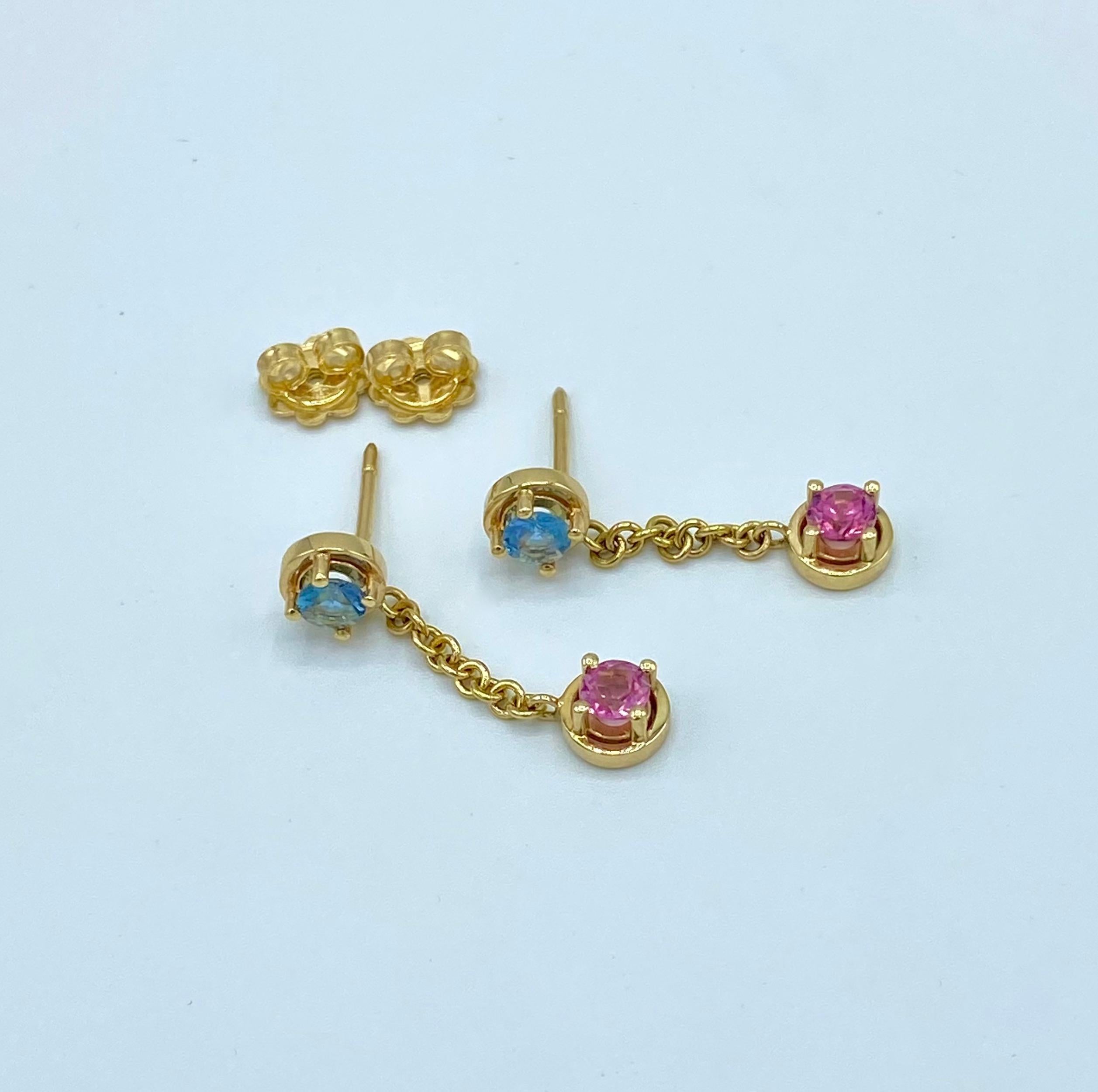 Artisan 18 Karat Yellow Gold Dangle Earrings Italian Pink Tourmaline Aquamarine