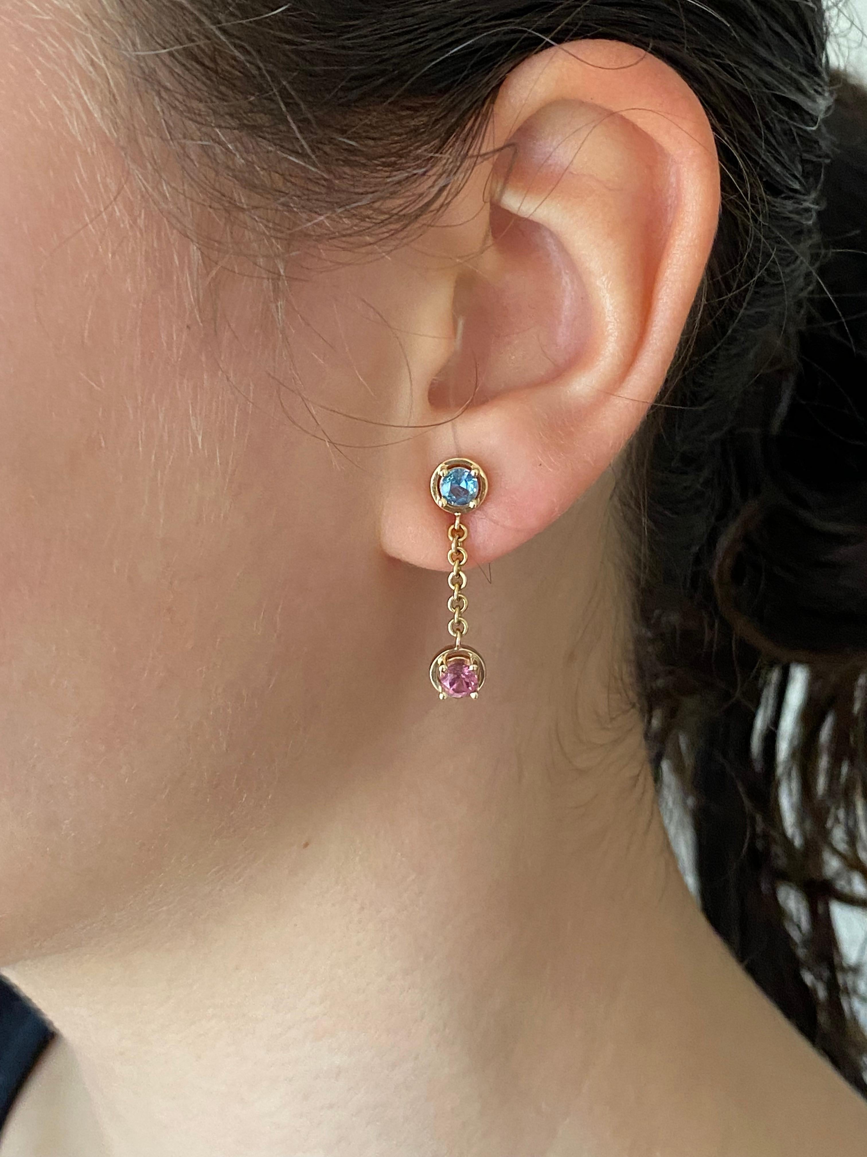 18 Karat Yellow Gold Dangle Earrings Italian Pink Tourmaline Aquamarine In New Condition In Bussolengo, Verona