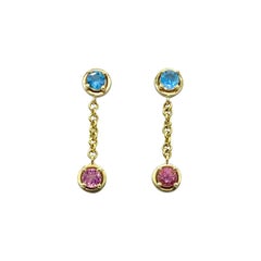 18 Karat Yellow Gold Dangle Earrings Italian Pink Tourmaline Aquamarine