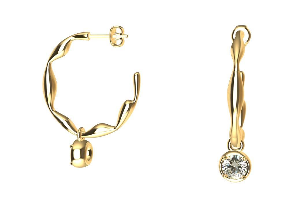 Round Cut 18 Karat Yellow Gold Dangle Diamond Earring Hoops For Sale