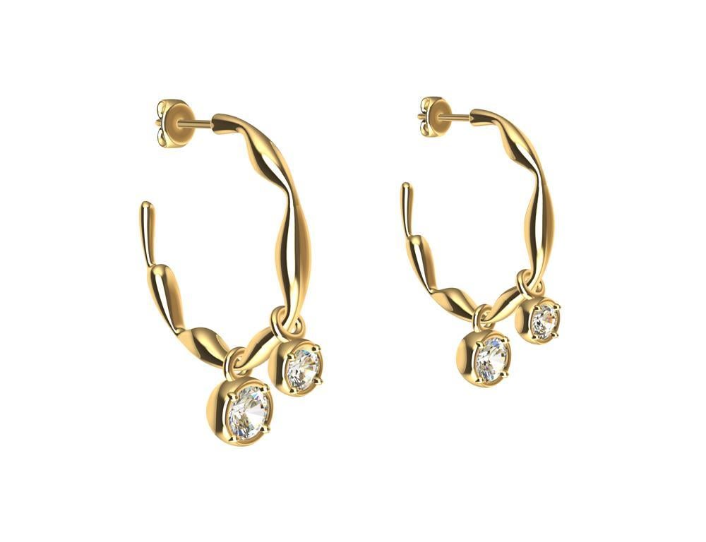 Round Cut 18 Karat Yellow Gold Dangle Diamond Earring Hoops For Sale