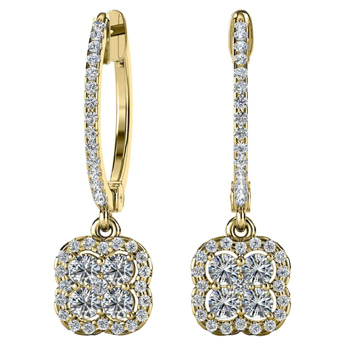 18 Karat Yellow Gold Dangling Floral Halo Diamond Earrings '2/3 Carat' For Sale