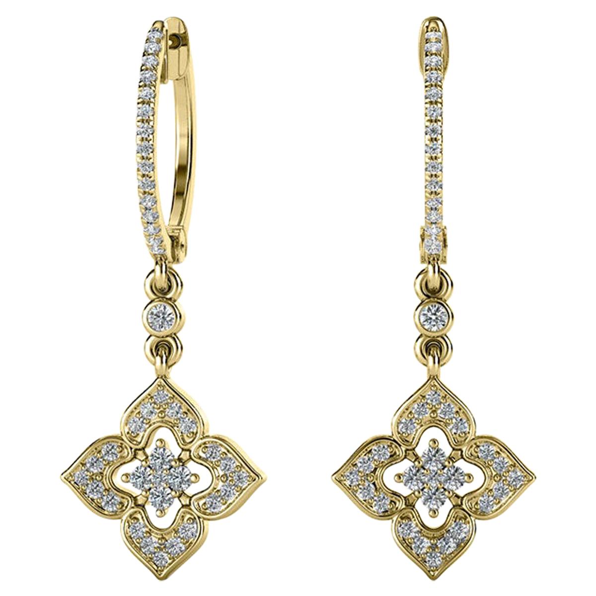 18 Karat Yellow Gold Dangling Halo Diamond Earrings '2/5 Carat' For Sale