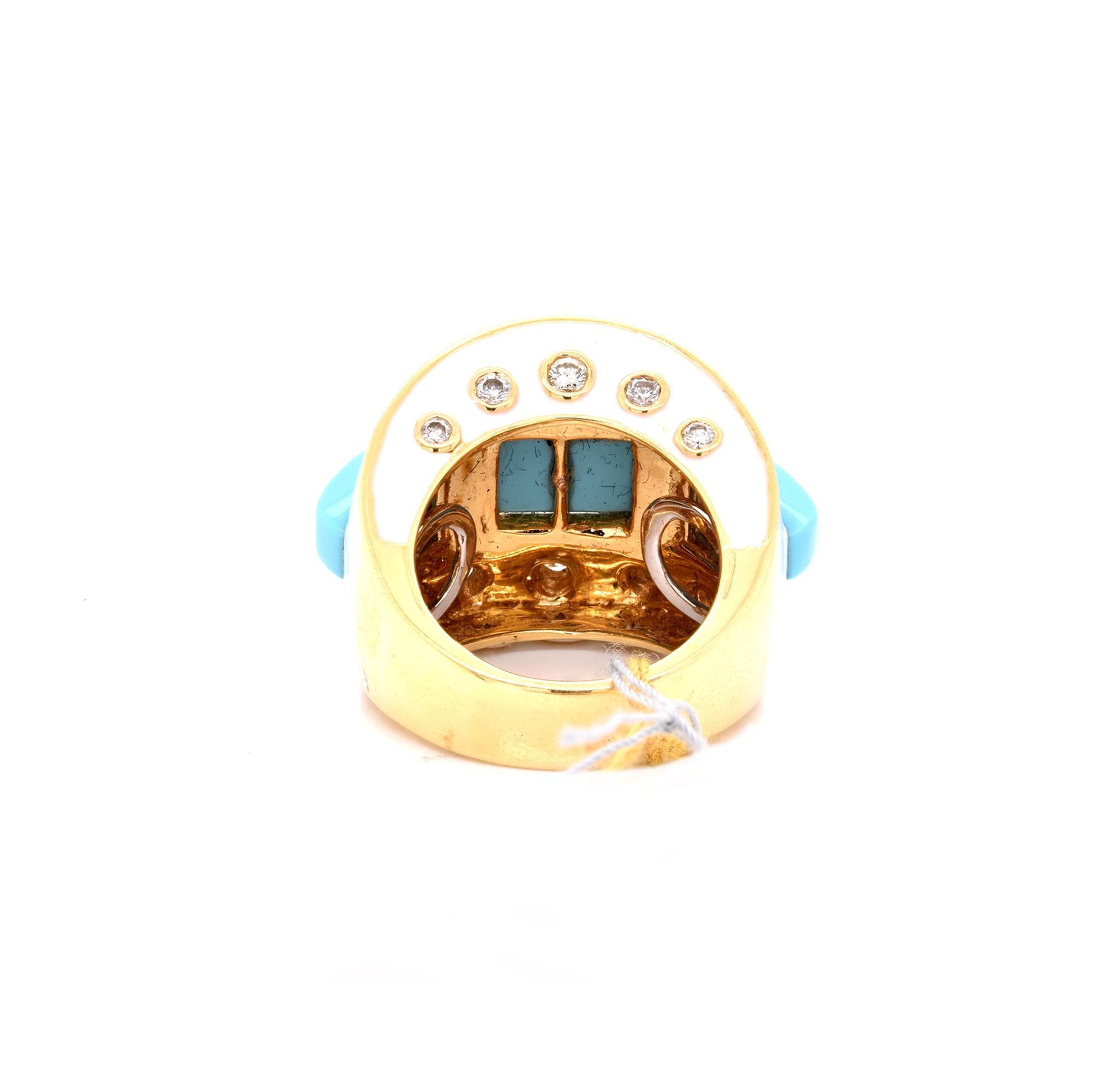 18 Karat Yellow Gold Deco Style White Enamel, Turquoise, and Diamond Ring In Excellent Condition In Scottsdale, AZ