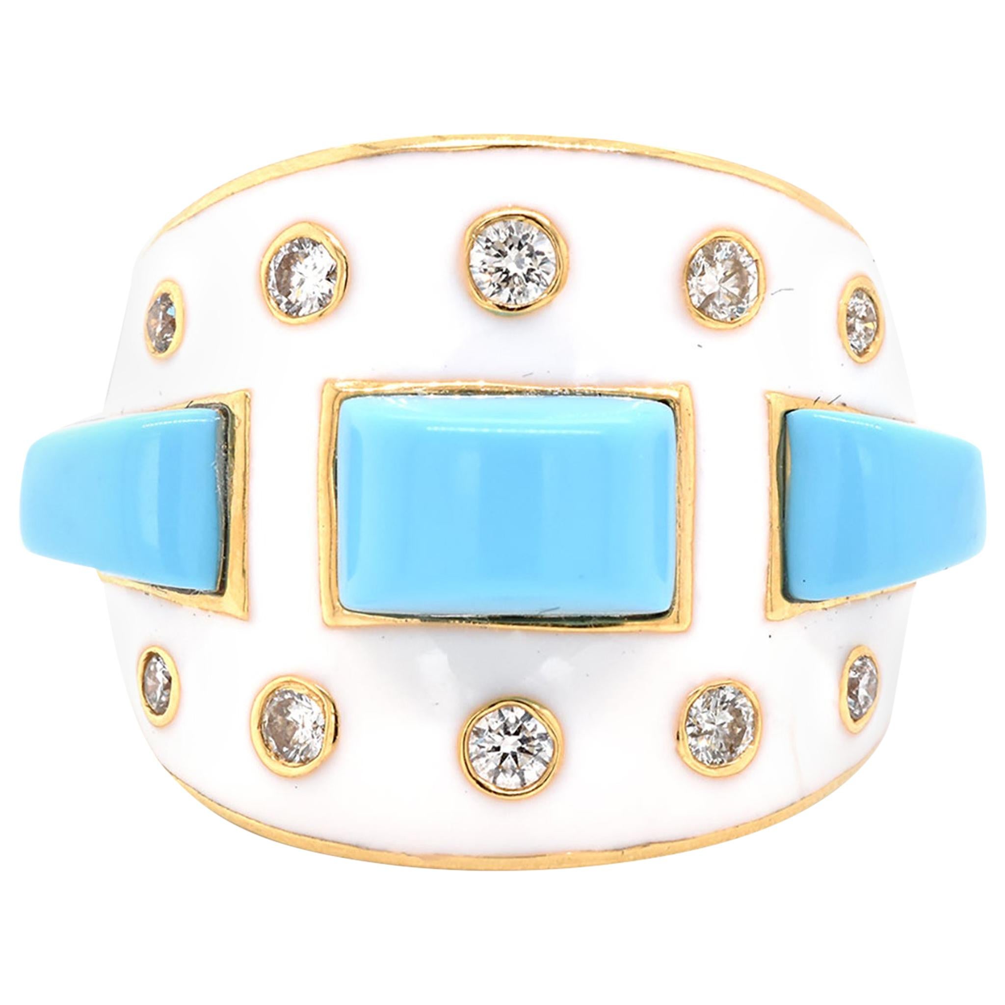 18 Karat Yellow Gold Deco Style White Enamel, Turquoise, and Diamond Ring
