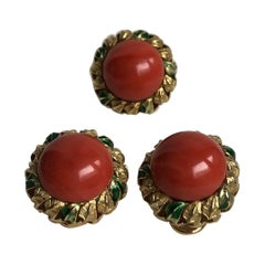 18 Karat Yellow Gold Demiparure with Red Mediterranean Coral and Enamel