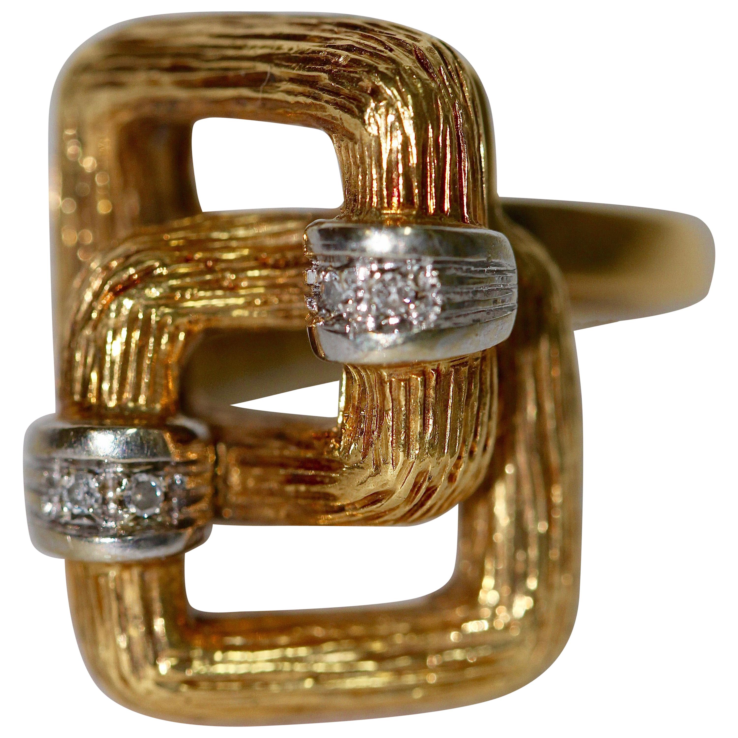 18 Karat Yellow Gold, Designer Ring Set with Small Diamonds