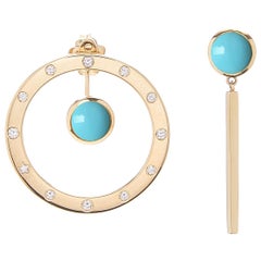 18 Karat Yellow Gold, Diamond 0.22 Carat, Turquoise Cabochon Earrings