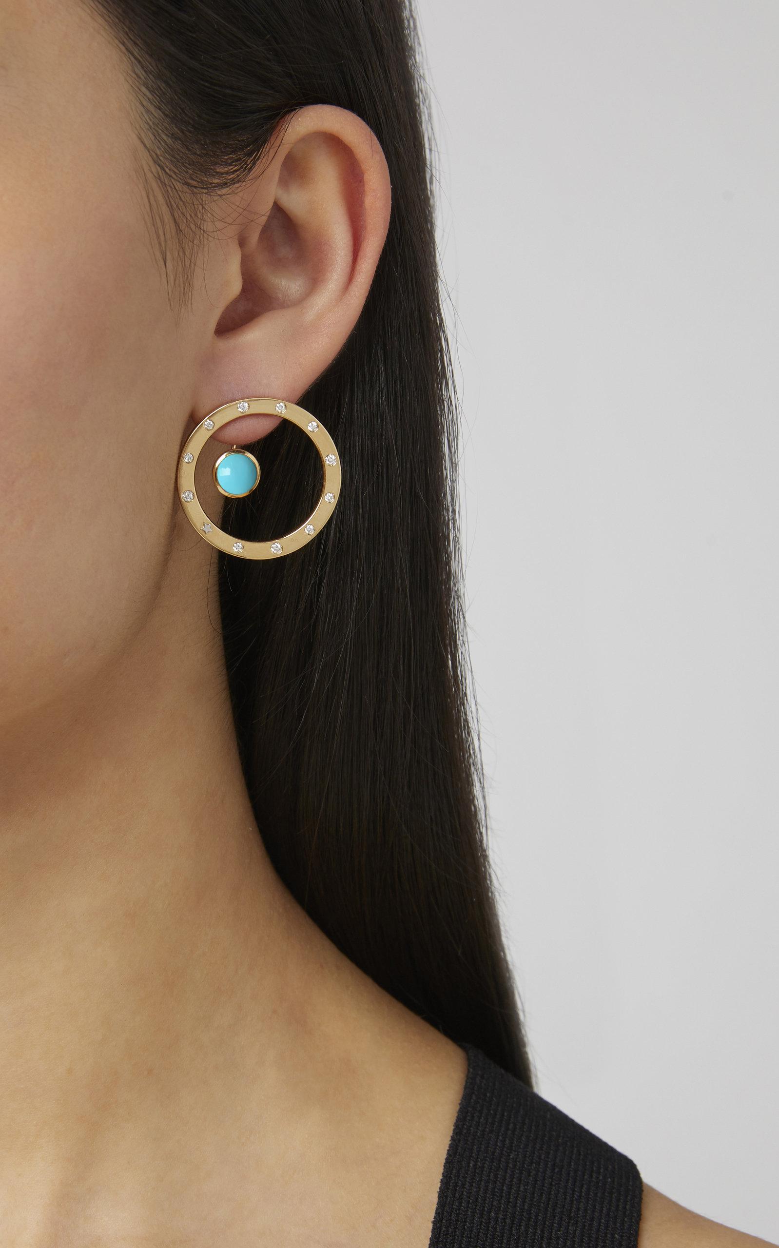 Round Cut 18 Karat Yellow Gold, Diamond 0.22 Carat, Turquoise Cabochon Earrings