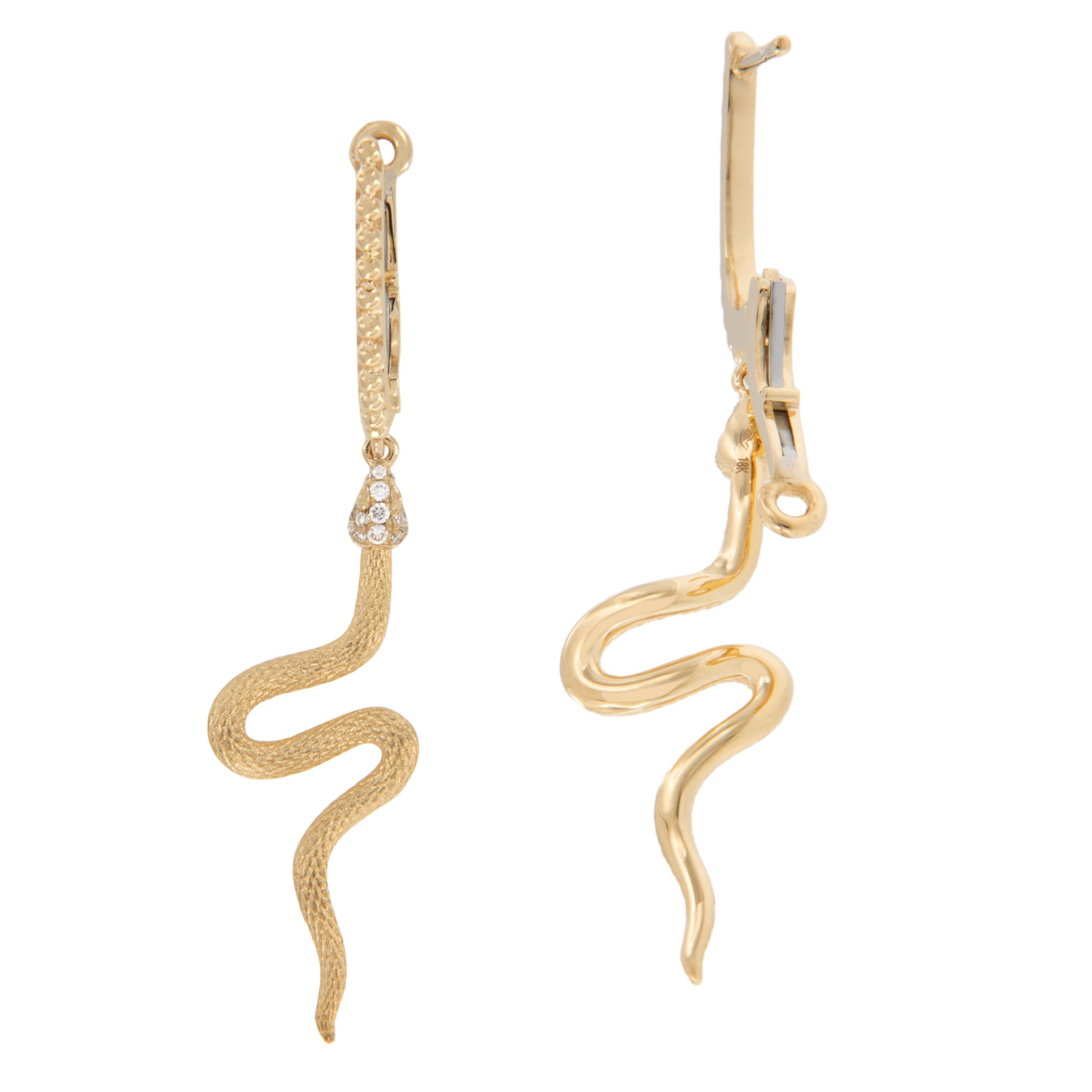 Round Cut 18 Karat Yellow Gold Diamond Accented Serpent Dangle Earrings  For Sale