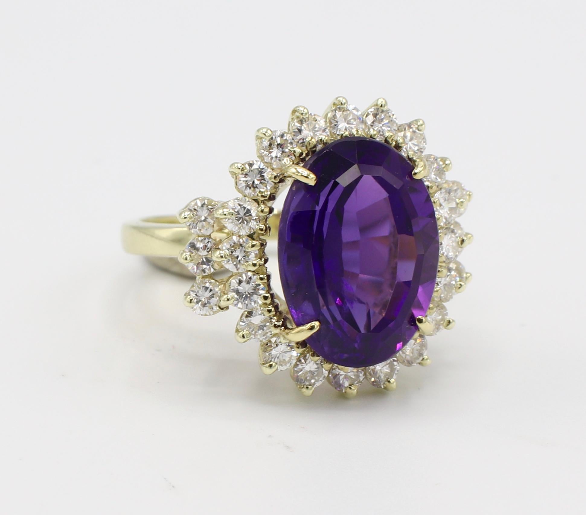 18 Karat Yellow Gold Diamond & Amethyst Cocktail Ring Size 6.25

Metal: 18k yellow gold
Weight: 7.67 grams
Diamonds: 26 round brilliant cut diamonds, approx. 1.40 CTW G-H VS
Gemstone: Amethyst, approx. 7.25 carats 
Ring size: 6.25 (US)
Top of ring