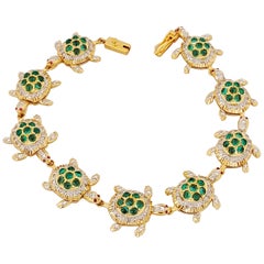 18 Karat Yellow Gold Diamond and 4.98 Carat Emerald Turtle Link Bracelet