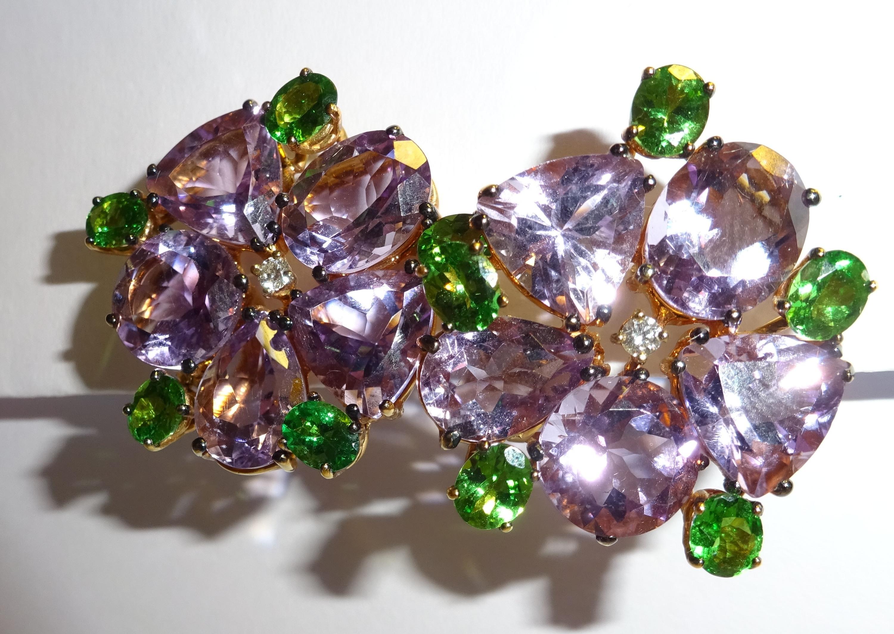 Pear Cut 18 Karat Yellow Gold Diamond and Amethyst and Tsavorite Earrings For Sale