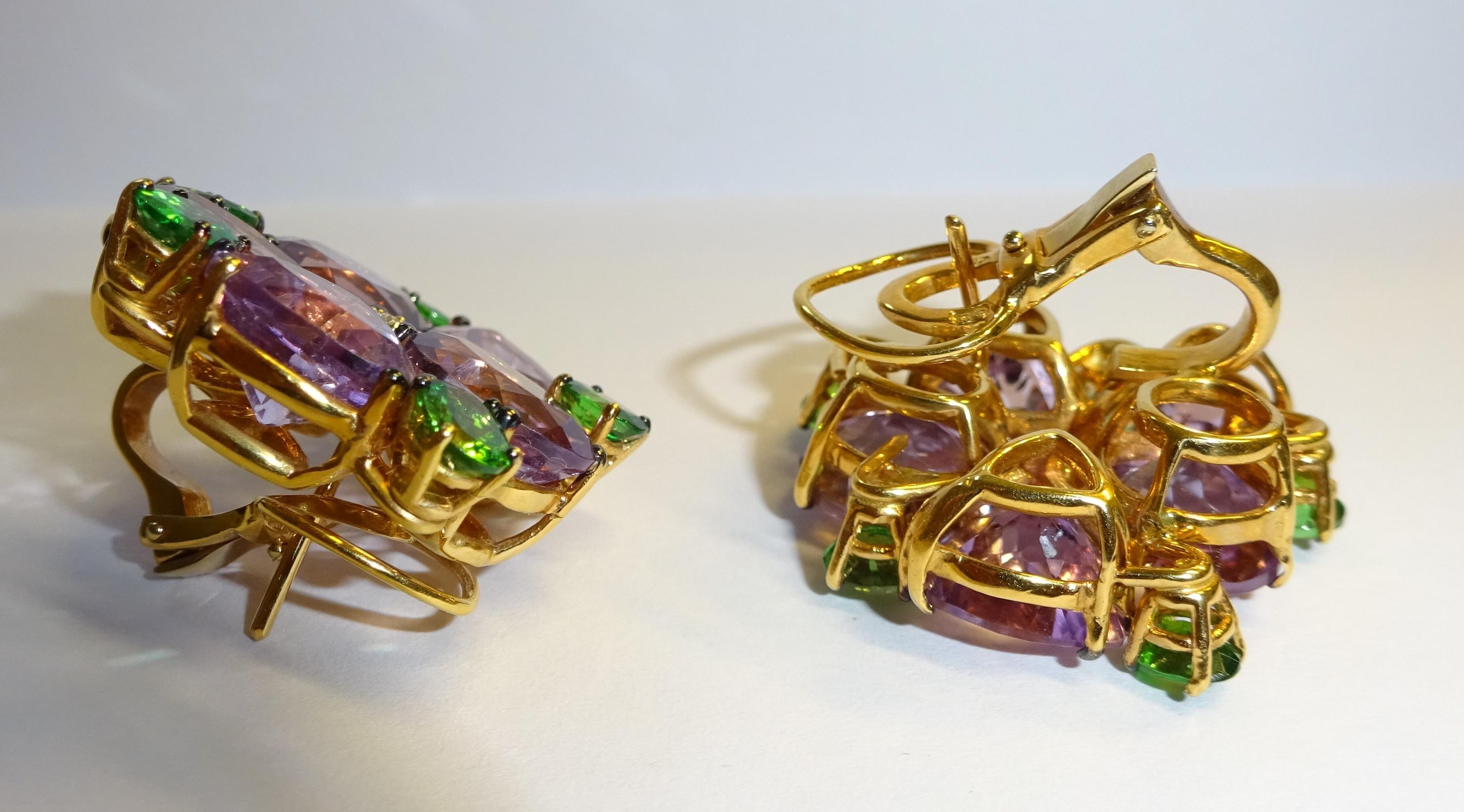 Women's or Men's 18 Karat Yellow Gold Diamond and Amethyst and Tsavorite Earrings For Sale