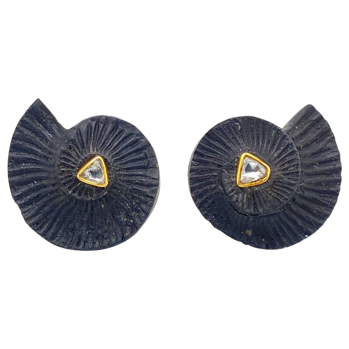 18 Karat Yellow Gold Diamond and Black Lava Pierced Earrings For Sale